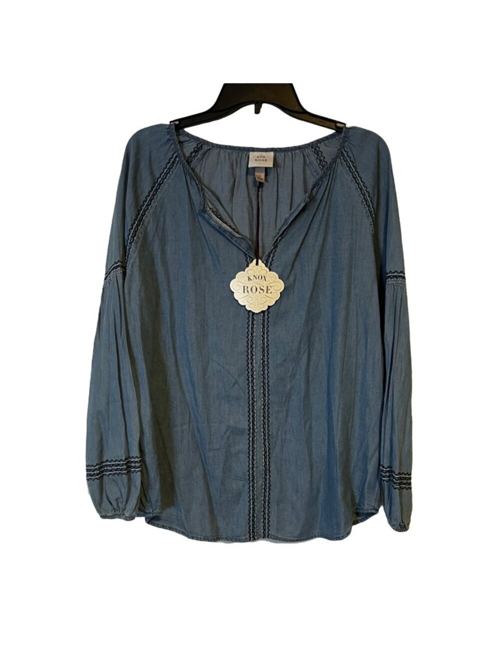 Boho Peasant Blouse Top Blue Small Knox Rose Embroidered Stitching Accent Relaxe